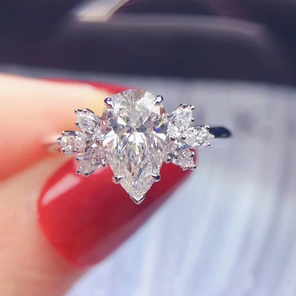 💥Beautiful Water Drop With Leaf Crystal Pure CZ Silver Pear Wedding Ring, K800 - Picture 5 of 7